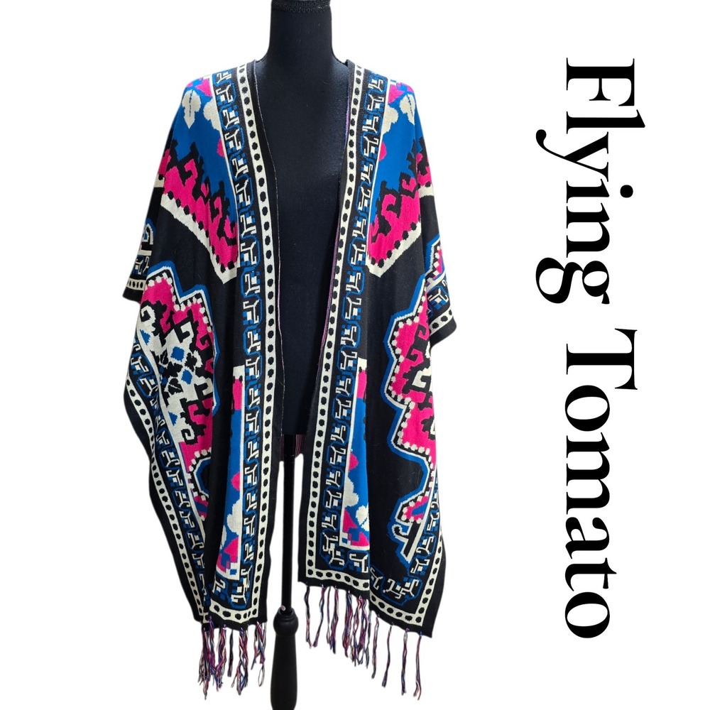 Flying Tomato Poncho Women OS Black Pink Blue Knit Southwestern Fringe Boho Wrap